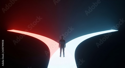 A professional businessman stands at a fork in the road contemplating his future path between glowing red and blue light