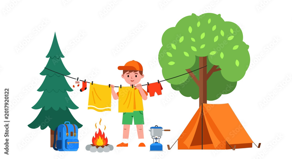 Fototapeta premium Camping, outdoor, vector illustration, kid, clothesline, tent, trees