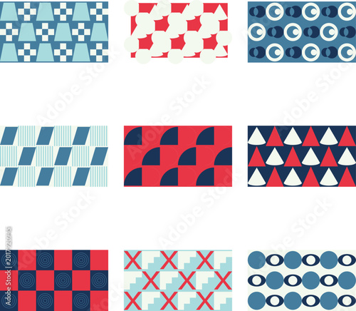 Modern Geometric Dot Pattern with Abstract Shapes in Blue and Red