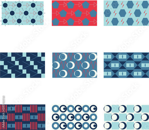 Abstract blue and pink geometric halftone patchwork pattern
