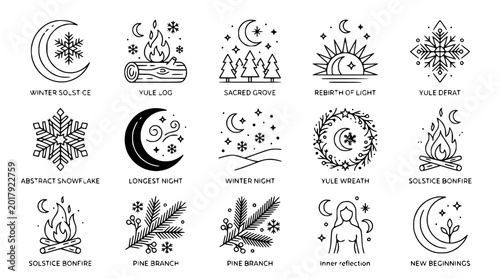 Bild auf Leinwand Esoteric Winter Symbols: Moon, Snowflake, Yule Log, Sun, Forest, Nature Icons