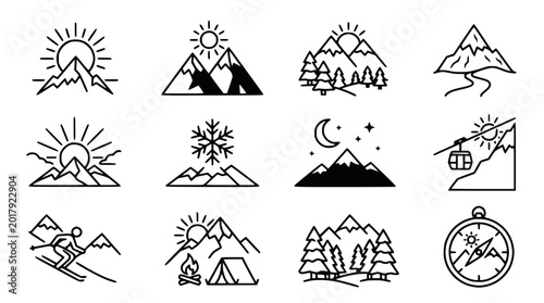 Foto Mountain Icons Set: Nature, Adventure, Camping, Skiing, Seasons, Compass, Sunris