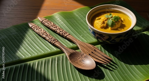 A vibrant yellow curry dish with herbs is served on a banana leaf with wooden utensils.