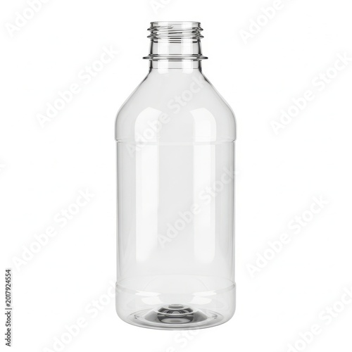 A clear glass bottle with a screw top on a white background and empty.
