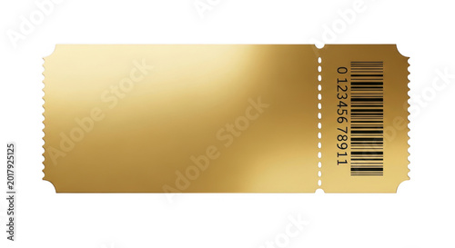 Blank golden ticket with barcode isolated on transparent background