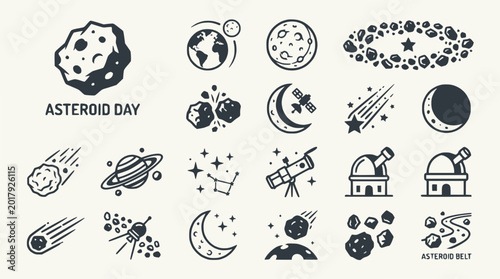 Fotografie Asteroid Day Icons: Space, Planets, Stars, Astronomy, Celestial Bodies, Cosmos