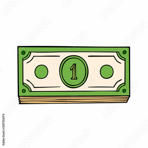 Hand drawn illustration of a stack of dollar bills with dollar bill line art white background paper money one dollar currency financial