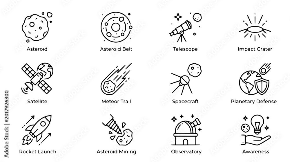Fototapeta premium Space Exploration Icons: Asteroid, Satellite, Rocket, Telescope, Spacecraft, Observatory