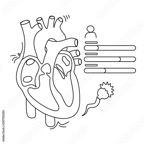 Human heart anatomy with sperm cells and medical elements, educational healthcare setting, highlighting fertility and reproductive biology, perfect for anatomy studies and medical awareness materials.