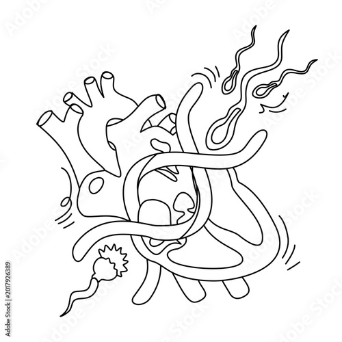Medical fertility concept showing sperm cells surrounding human heart anatomy, educational healthcare atmosphere, representing reproductive health and biology, perfect for fertility clinics and medica