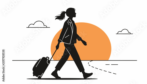 Fényképezés Woman silhouette with suitcase walking at sunset