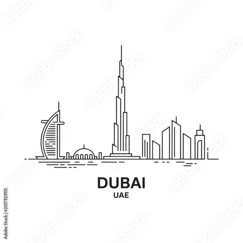 Dubai skyline linear drawing on white background