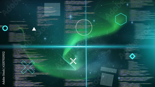 Scanline crossing, vertical beam forming crosshair, aurora and HUD shapes animating for sensor scan