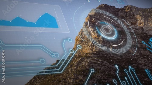 Cliff HUD emerging from signal pulse, circuits extending, rotating and pulsing while scanning cliff