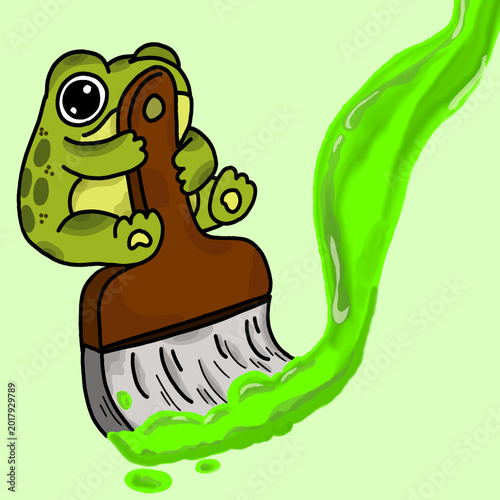 Sticker Style Green Frog Holding Paintbrush Cute Illustration Drawing