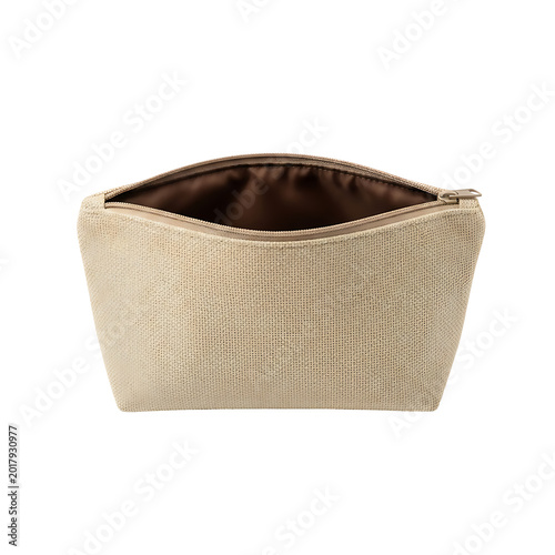 Open Beige Canvas Cosmetic Bag Mockup Isolated on White