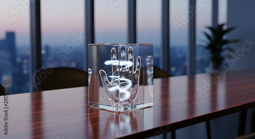 Transparent glass cube containing a glowing human hand sculpture resting on a polished wooden office table