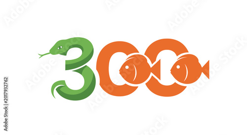 Cuadro en lienzo Green snake forming number 3, orange circles with fish replacing zeros