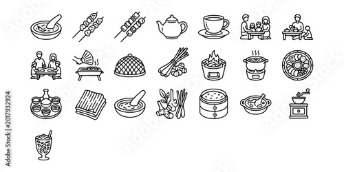 Photos Icon set collection of traditional Asian cooking utensils and food including satay, mortar pestle, steaming baskets, and family dining cultural elements