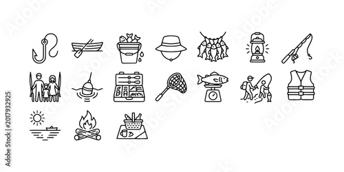Картината върху платно Icon set collection of recreational fishing equipment including rods, hooks, bait, boats, and camping bonfire elements for outdoor adventure themes