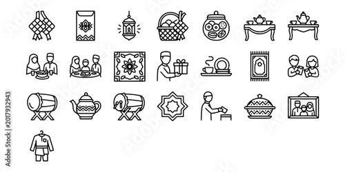 Obraz na płótnie Icon set collection of Islamic religious celebration elements featuring ketupat, mosque lanterns, prayer mats, and family gathering symbols for Eid festivities