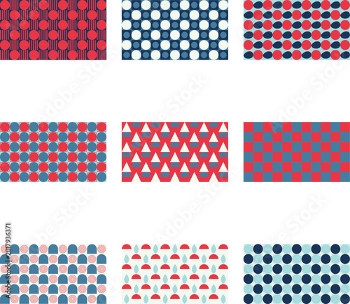 Seamless Geometric Textile Patterns in Navy Red and White