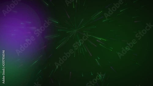 Green and Purple Abstract Particles Exploding in Slow Motion from Center on Dark Background