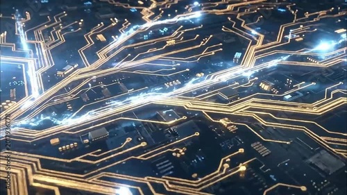 Golden circuit board pathways growing and branching with pulses of light flowing through them 4K Videos