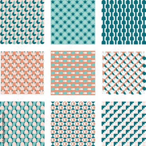 Modern Geometric Pattern with Teal and Peach Circles and Grids