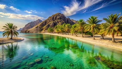 A photo of a serene island with golden sand and turquoise waters in Fujairah Majestic palm trees shade the beach, while crystalclear waters reflect