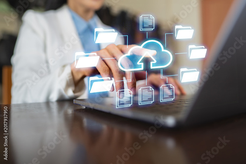 Professional Woman Using Cloud Storage for Efficient Digital Data File Management