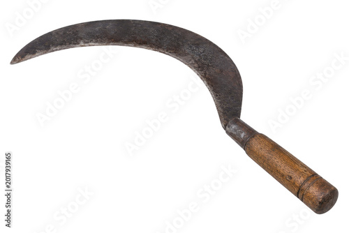 Fotografía Antique curved sickle with wooden handle isolated on white background, tradition