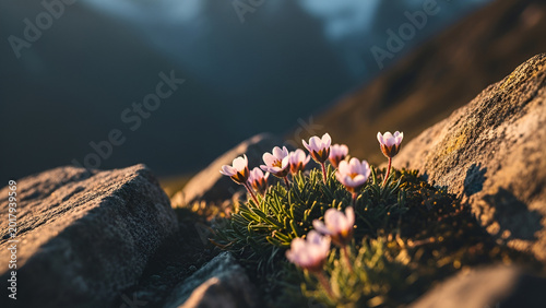 Tiny Pink Flowers Bloom on Mountain Rocks at Sunrise
