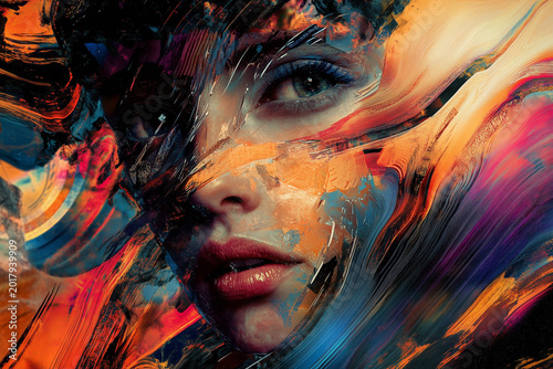 Vibrant psychedelic woman beautiful fashion model with artistic carnival makeup for fantasy. Colorful swirls and patterns. 