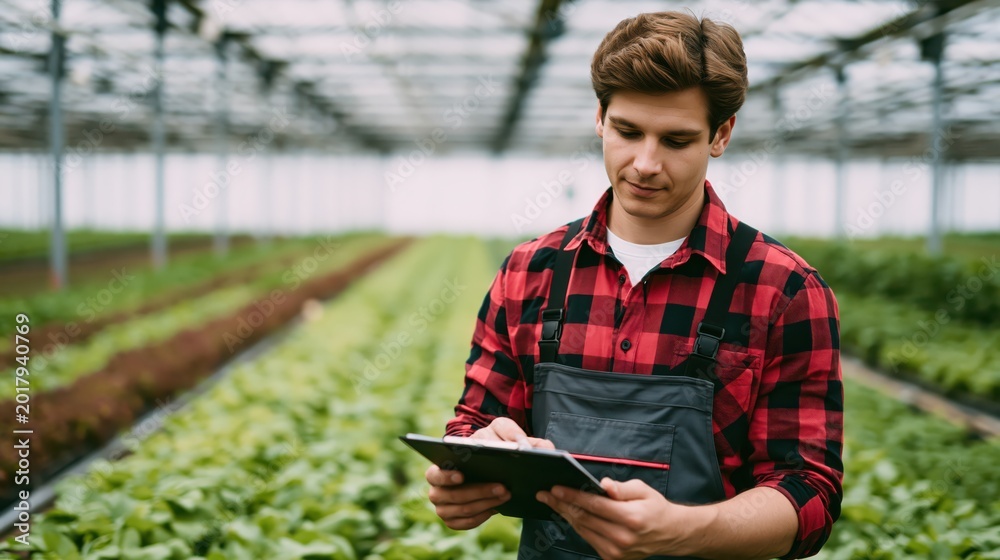 Fototapeta premium A young man in a greenhouse takes notes on a clipboard while inspecting rows of plants under a glass roof.