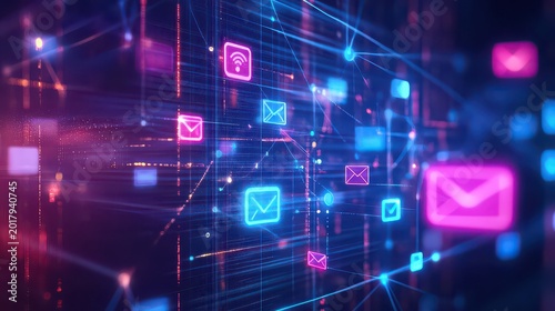 Digital communication with email icons and network lines