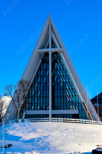 Main facade of the arctic cathedral in the city of Tromso Norway