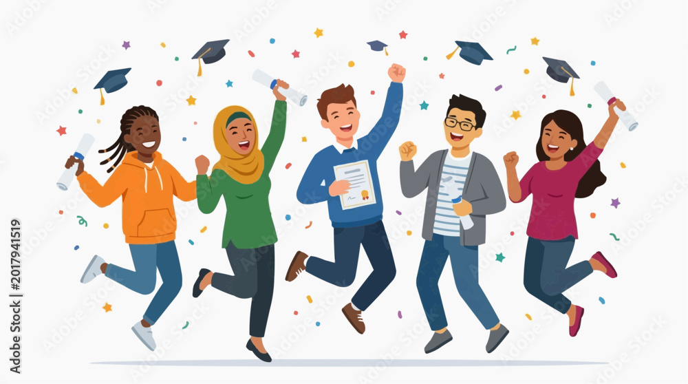 Obraz premium Graduation caps celebrate multicultural students tossing diplomas, confetti and success, education achievement concept for business training marketing