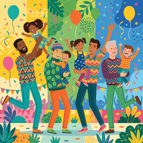 Group of Diverse Happy Fathers Celebrating with Their Children in a Colorful Festive Setting for Father's Day Event