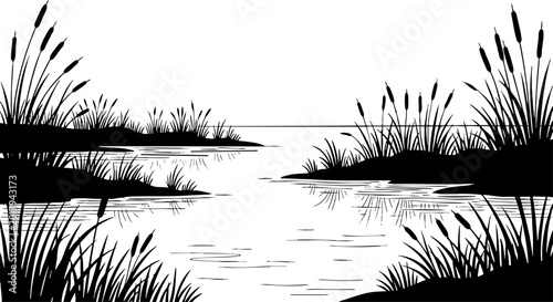 Black and white silhouette of lake landscape with reeds and cattails
