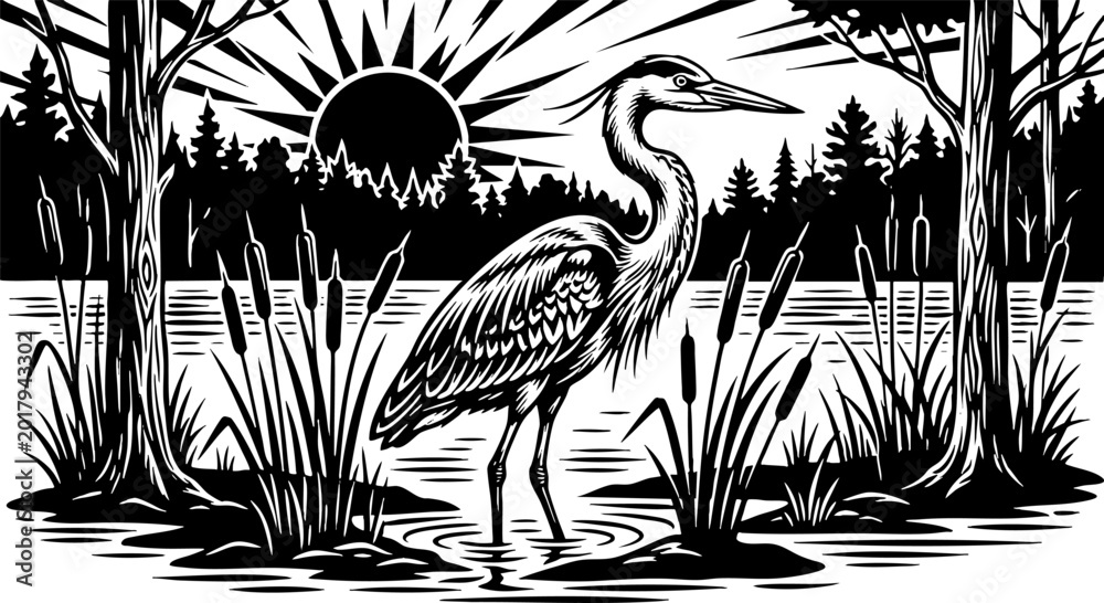 Fototapeta premium Great Blue Heron in a Marsh at Sunrise Linocut Illustration
