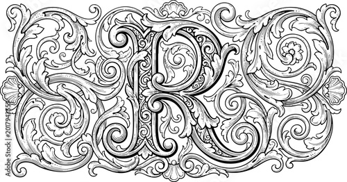 Ornate Decorative Capital Letter R with Baroque Engraving