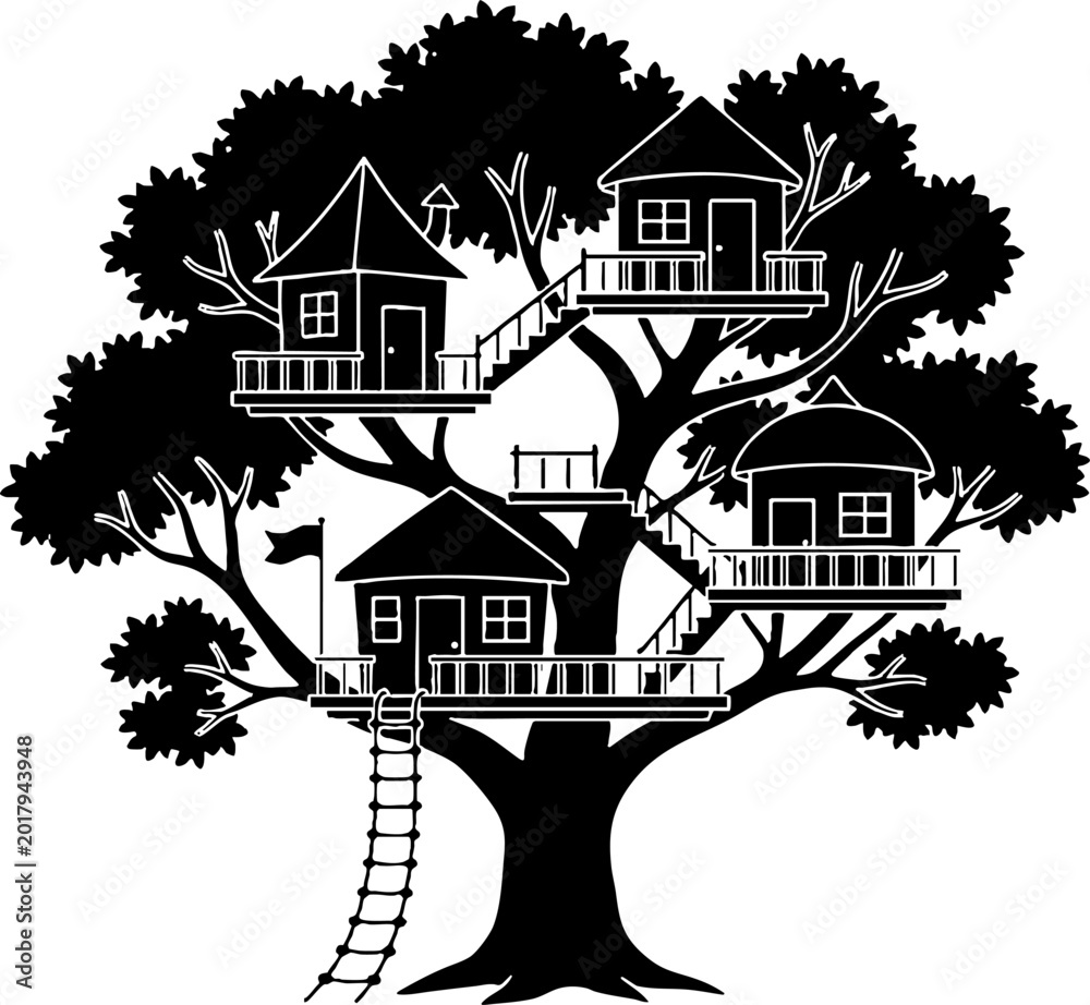 Fototapeta premium Black and white silhouette of a complex multi-level treehouse