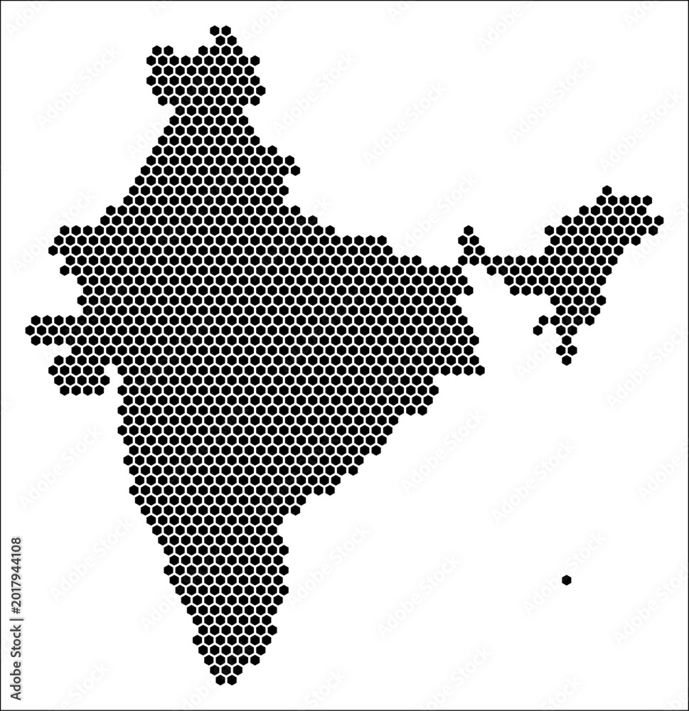 Obraz premium India hexagon map. Plain black and white dotted shape template. Country tiny hexagon cells. India flat honeycomb template. Vector Illustration.