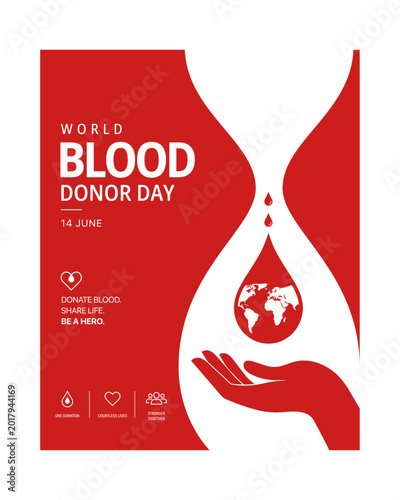 Creative World Blood Donor Day vector poster featuring blood drop, helping hand, and global donation awareness theme in red minimal design. Ideal for healthcare campaigns, medical posters, awareness.