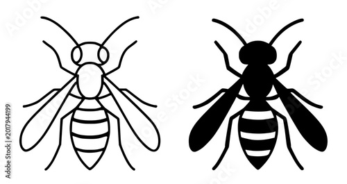 Wasp minimalist illustration, insect icon outline and silhouette