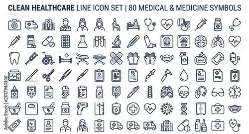 Comprehensive healthcare and medicine outline icon set vector illustration