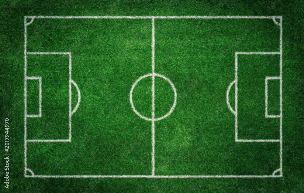Naklejka premium Green grass soccer field with white marking lines