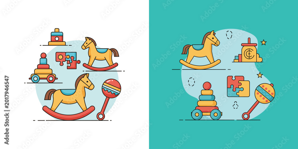 Naklejka premium Child nursery toy icons and wooden play set.