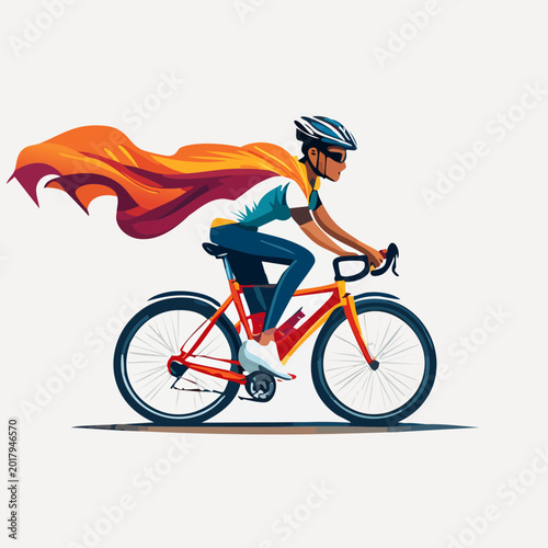 Superhero cyclist riding fast on a bicycle with cape.